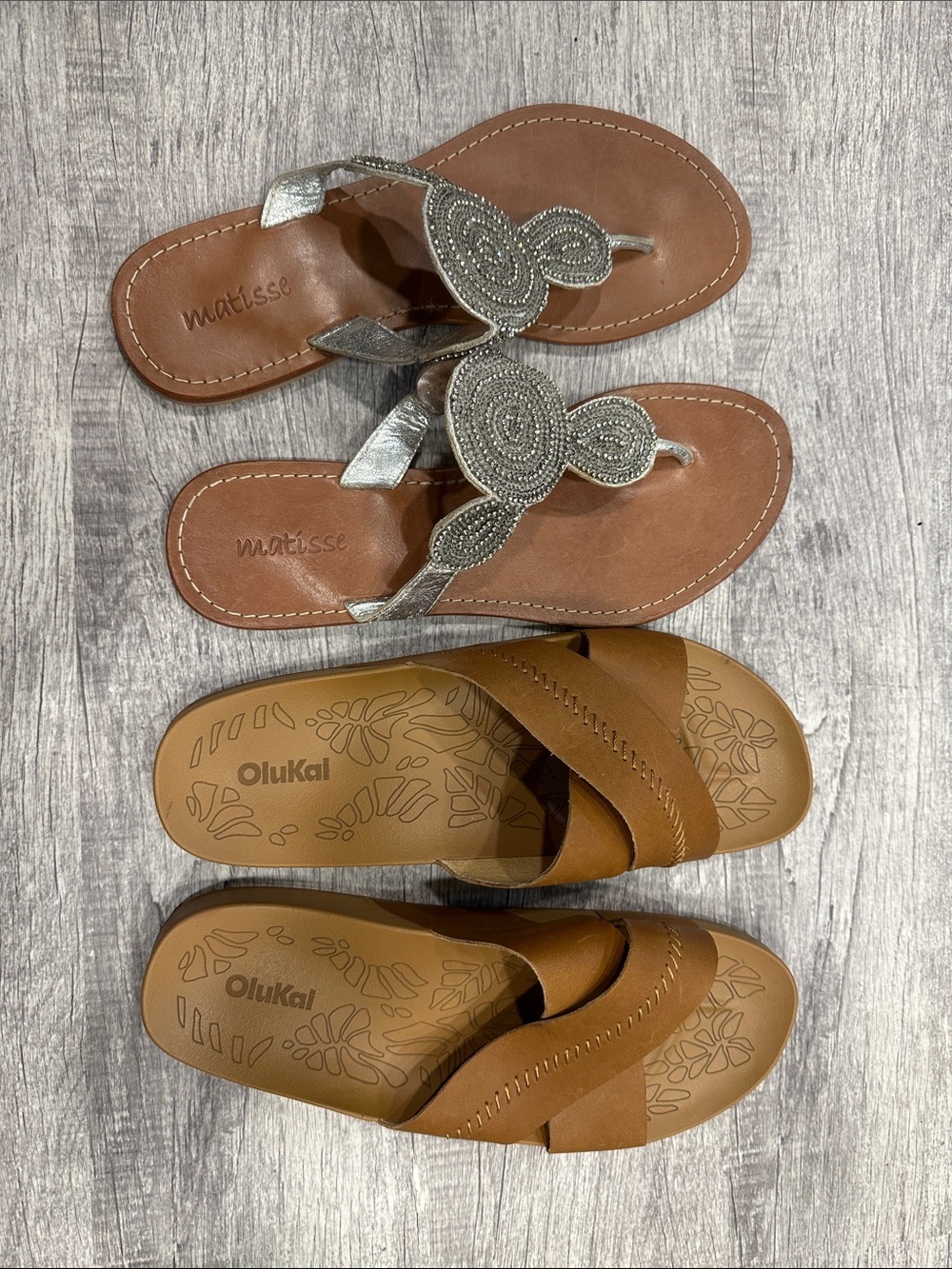 OluKai Women's Tan Cross-Strap Slide Sandals and a Matisse pair